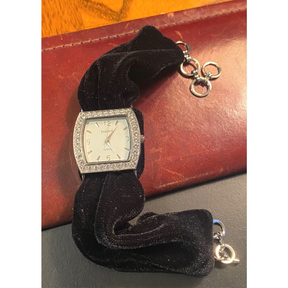 Women's 30mm Silver Tone Indeed Watch, Black Velvet Strap, Crystal Accents